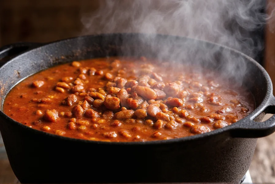 Close-up of authentic Detroit coney chili simmering in cast iron pot with steam rising