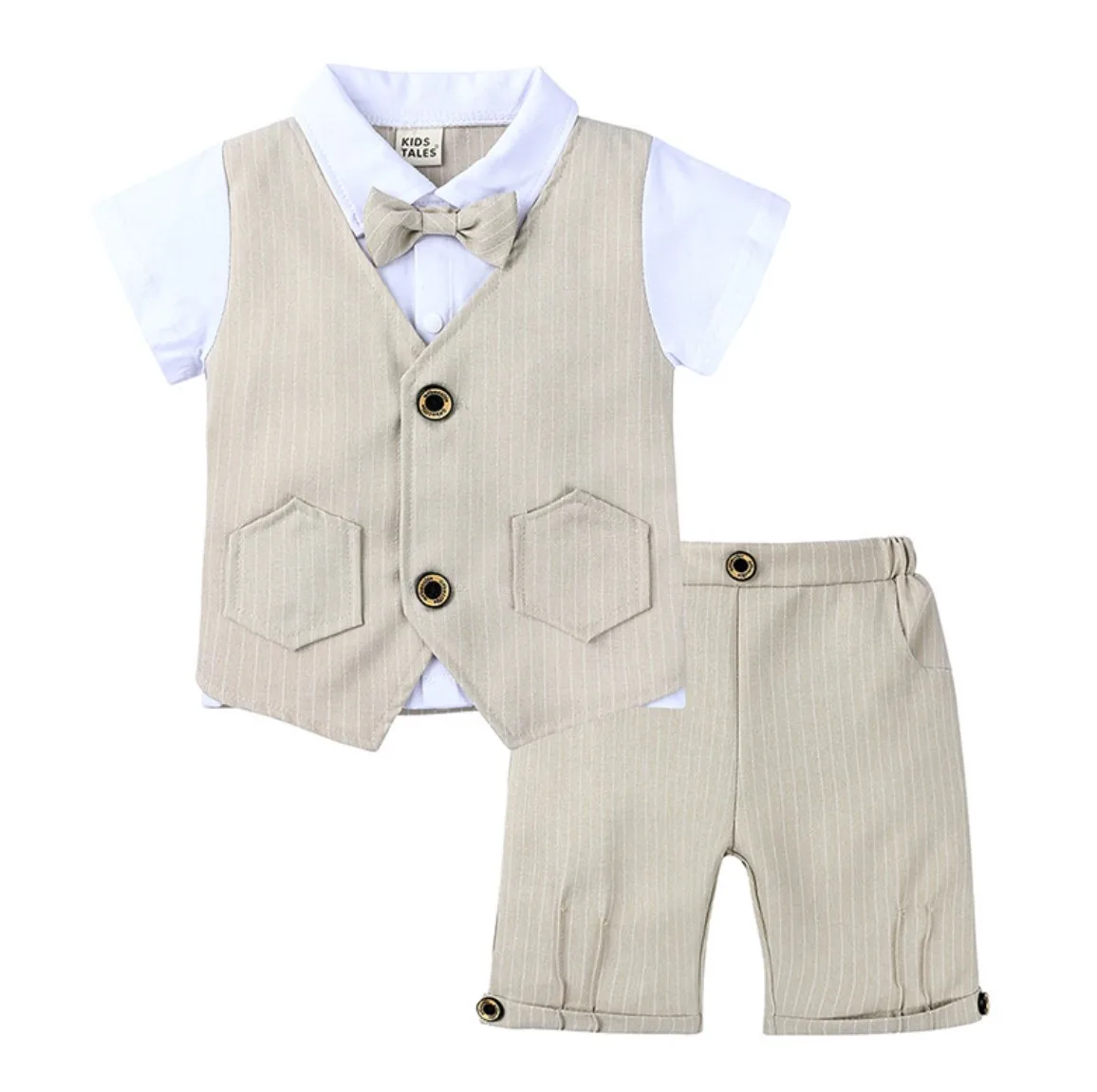 

Children clothes gentleman British suit summer infant short-sleeved handsome two-piece knitted cotton shirt + bow tie