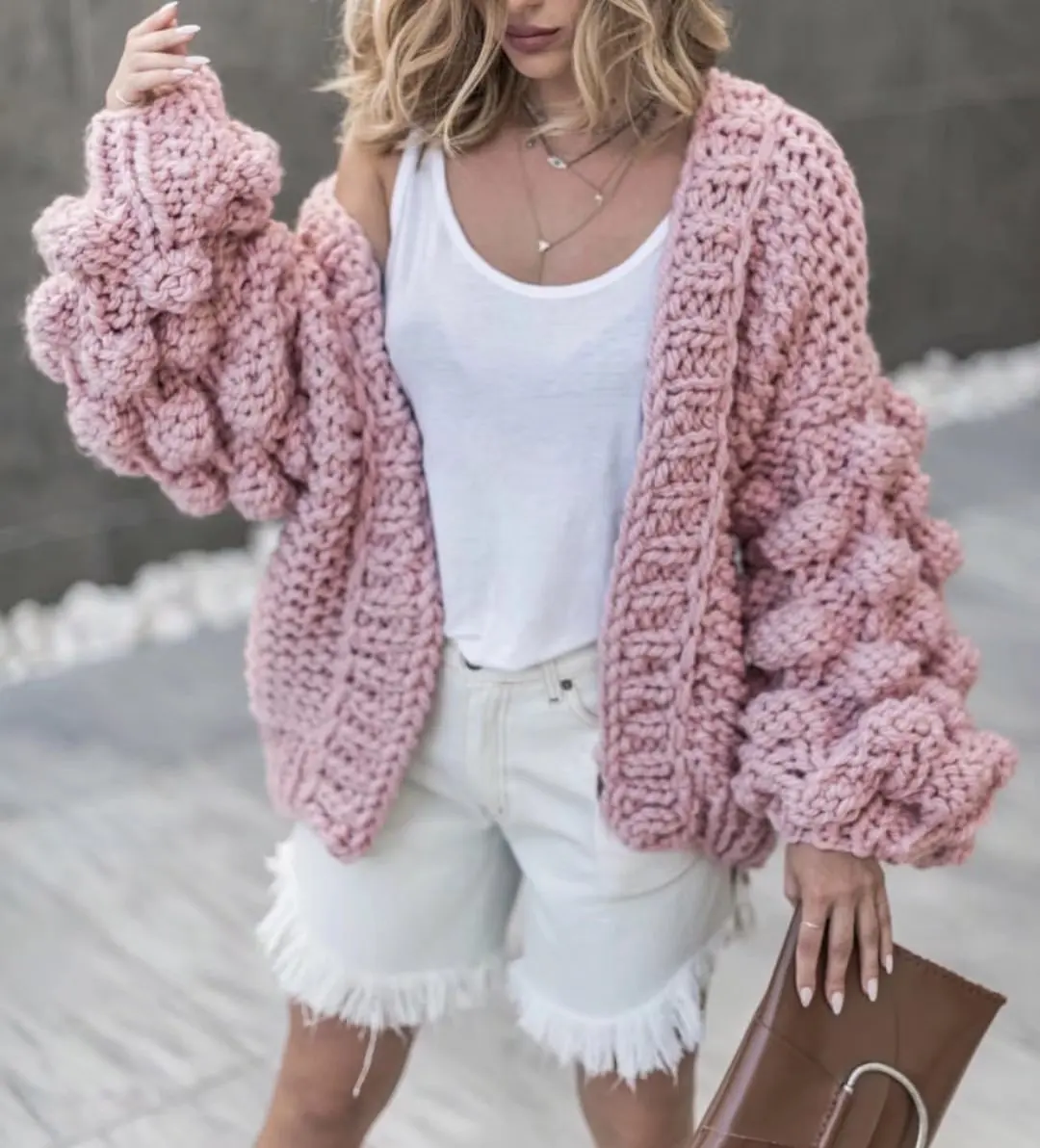 

SW-005 latest handmade crochet braid hair twist woolen sweater for women long puff sleeve cardigan outwear fall winter coat, Picture show