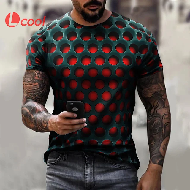 

Lcool Men's Casual T-shirt 3D Print Graphic Optical Illusion Plus Size Short Sleeve Top Vintage Streetwear Custom Round Neck tee