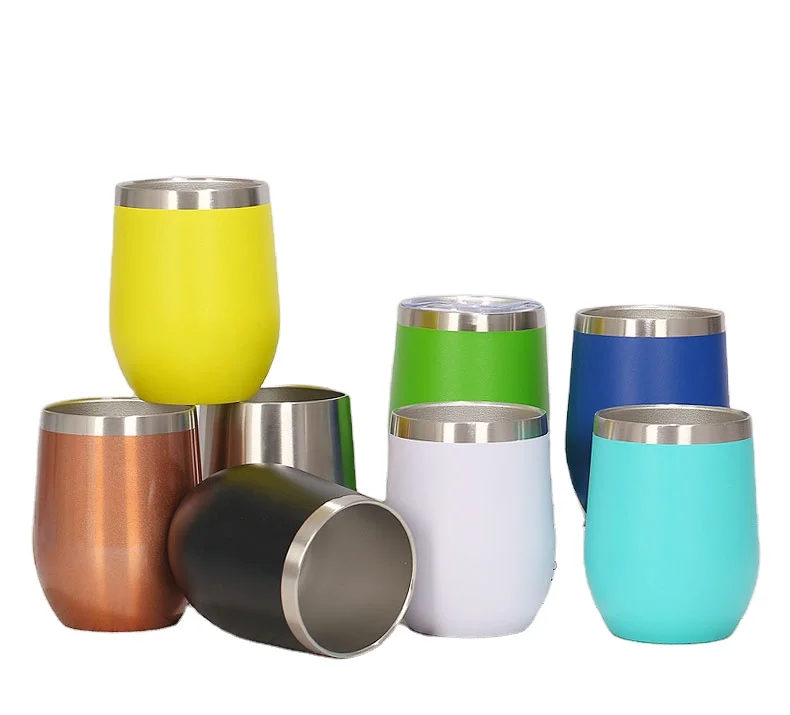 

12oz double wall stainless steel powder coated wine tumbler vacuum insulated stemless egg wine tumbler with lid and straw
