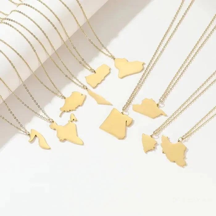 18K Gold Stainless Steel Afghanistan Africa Algeria Egypt Ethiopia Iran Iraq Kashmir Kenya Kuwait Lebanon Libya Map Necklace