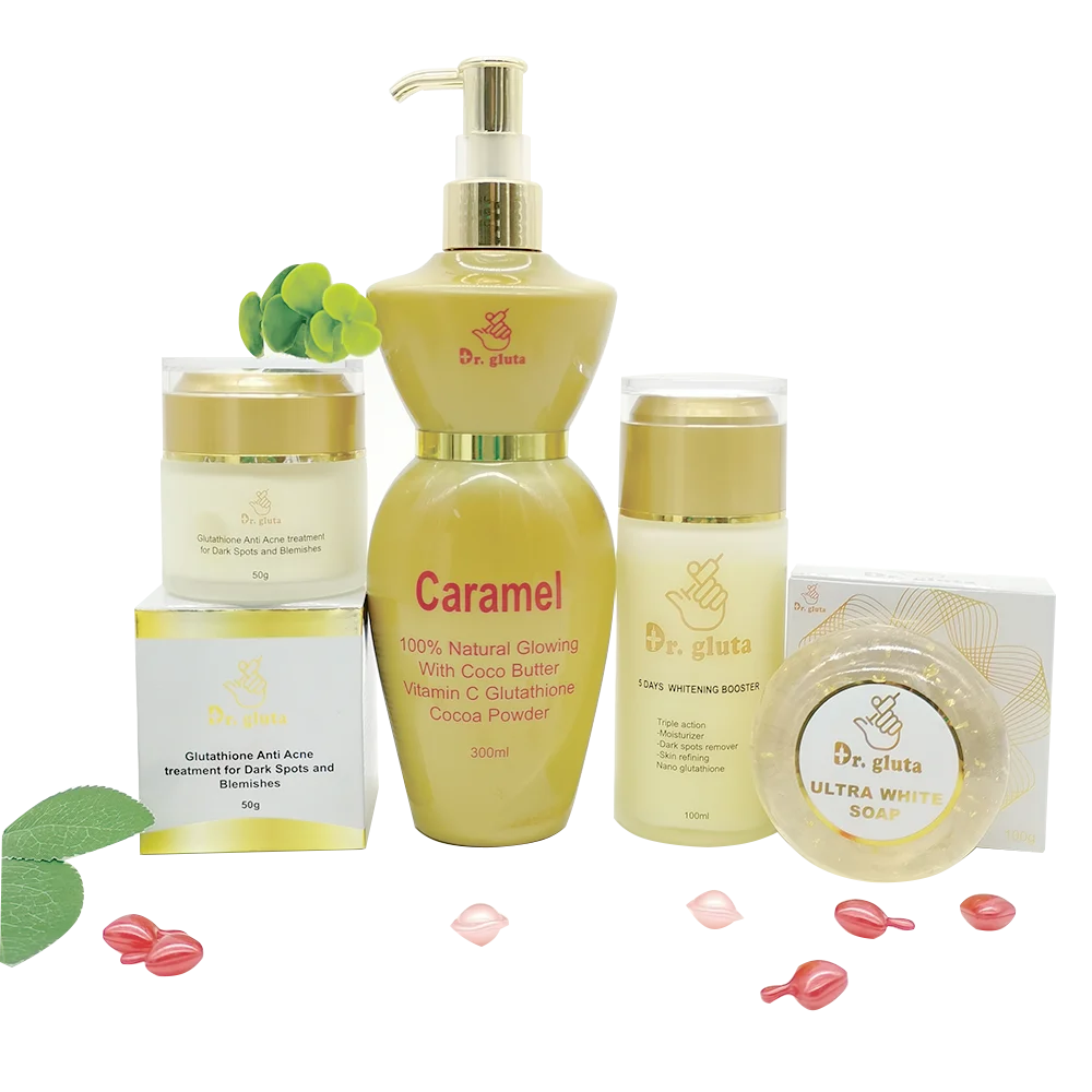 

Dr.Gluta Caramel 100% Natural Glowing With Cocoa Butter And Vitamin c Whitening Booster skincare set Tumeric 4 Piece Brightening