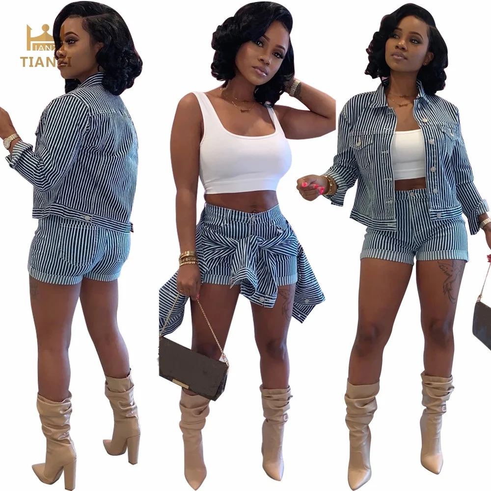 

S6606 - women causal striped shorts and long sleeve top 2 piece set