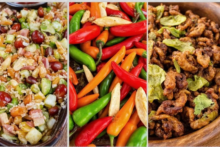 Three different pepper dishes representing Mediterranean, Mexican, and Asian culinary styles arranged on a wooden table