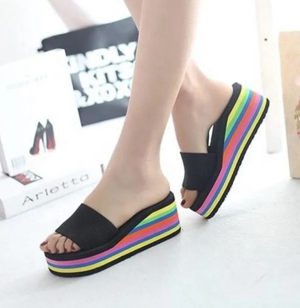 

2020 fashion platform wedge heel women slides slippers rainbow stripe eva sole sandals for women and ladies summer beach