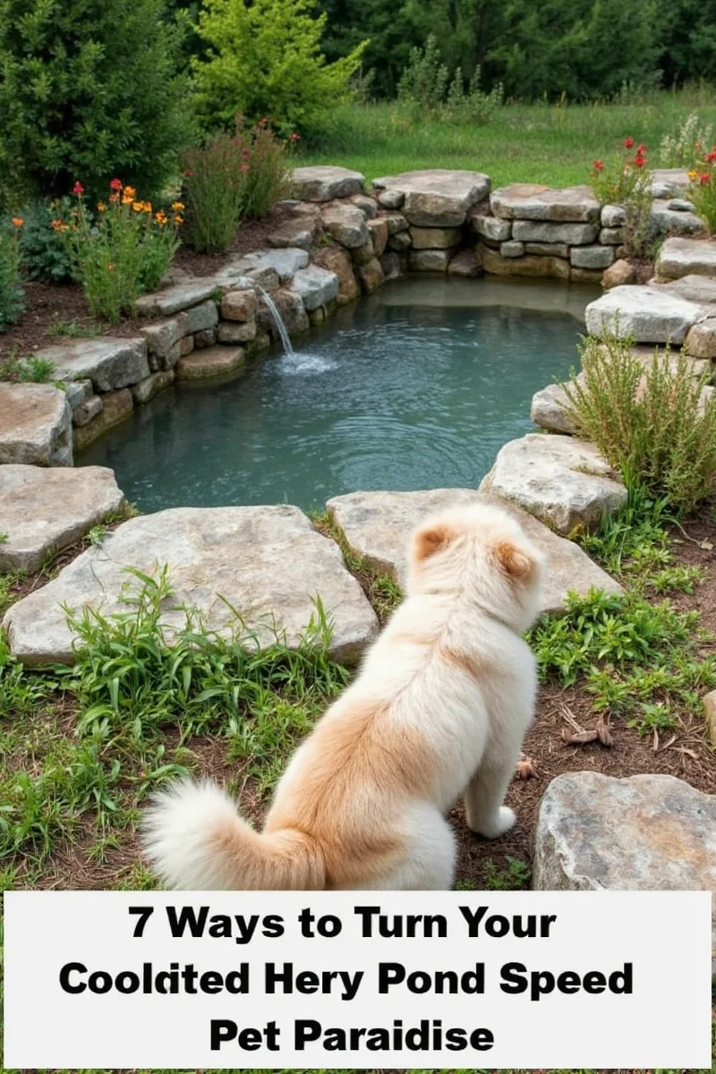 A relaxed cat lounging beside a well-maintained patio pond, sun reflecting off the water.