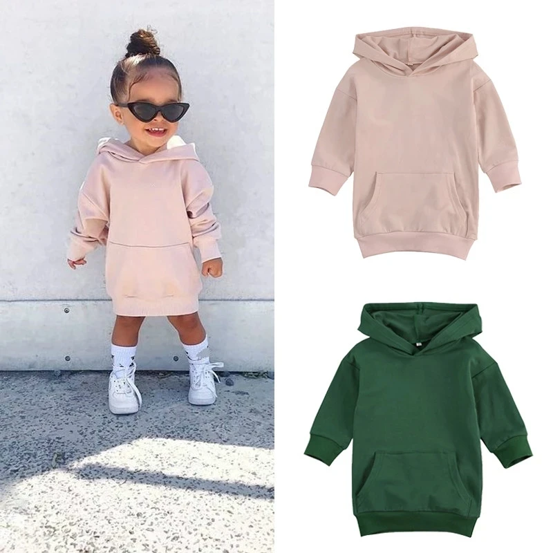 

Solid color Girls Hoodies Dress Outfits Long Sleeve Pullover Pocket Long Length Sweatshirts, Customized color