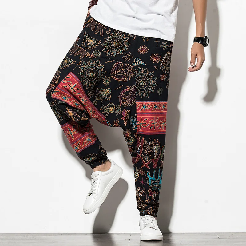 

Men Harem Pants Retro African Printed Drop Crotch Joggers Cotton Trousers Men Baggy Loose Men Casual Pants