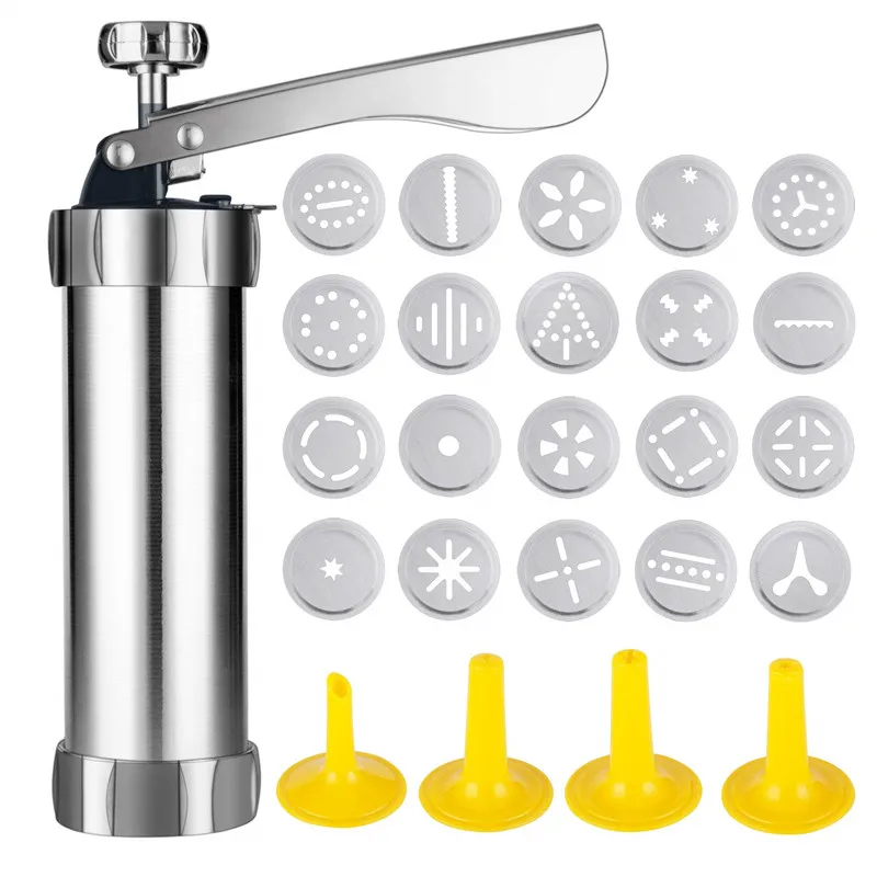 

Amazon Hot Sale Cookie Press Stainless Steel Biscuit Press Cookie Gun Set with 20 Discs and 4 Icing Tips,TOYS0192, Silver