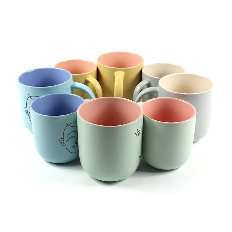 

Family personalized mug with different expression silk screen print nordic style double glaze 12oz 18oz coffee tea ceramic mugs, Yellow, blue, green, gray in stock