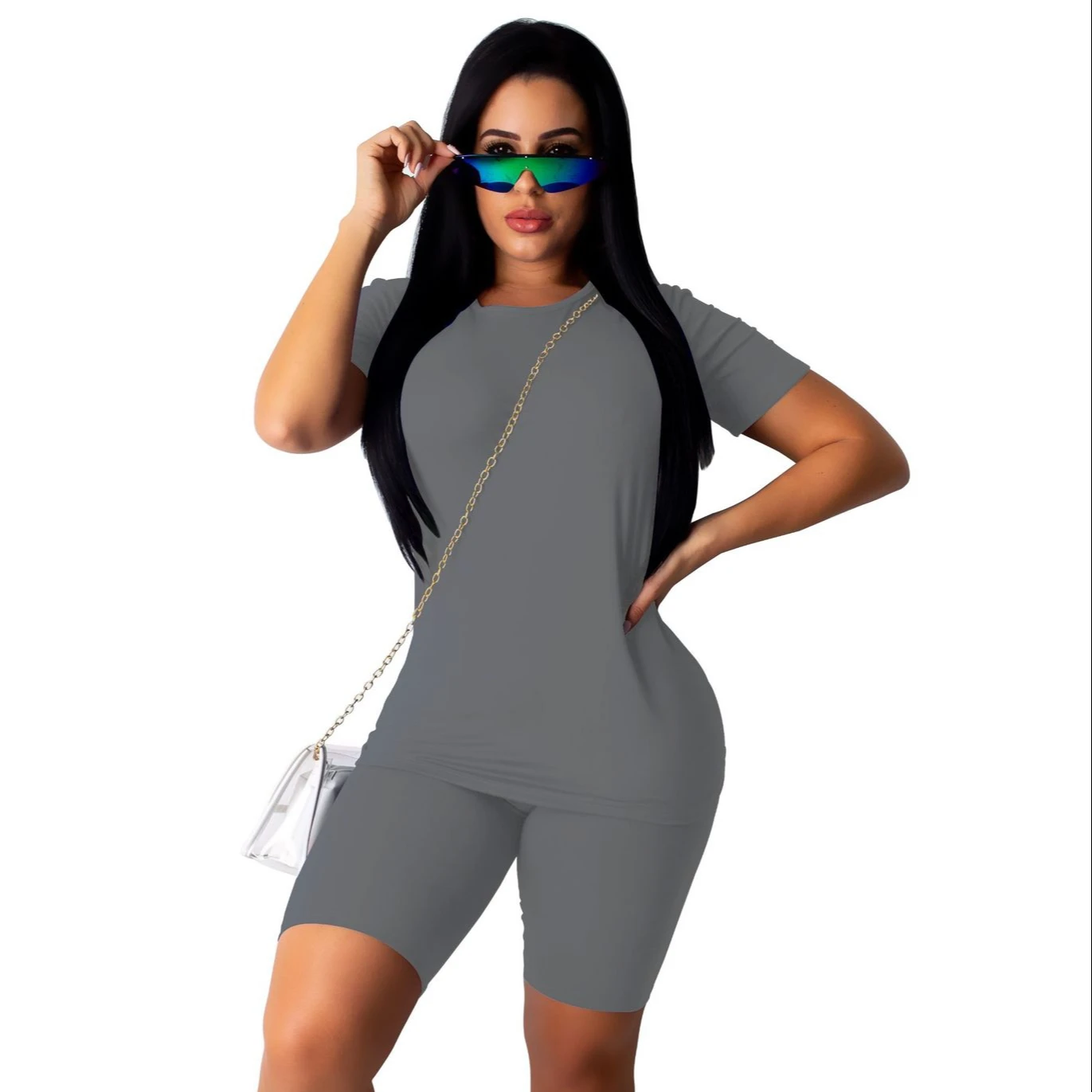 

custom logo casual solid womens t-shirt 10 color personality trend two piece short set custom t shirt