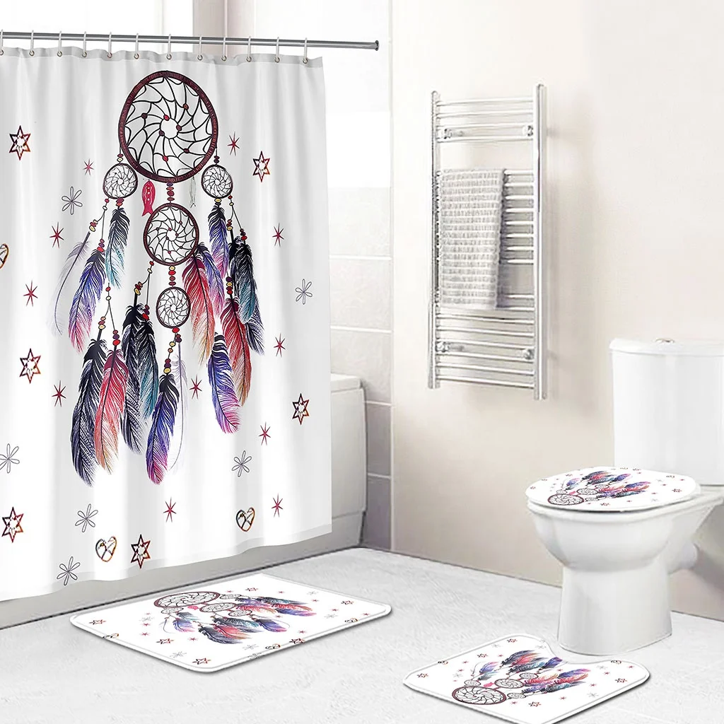 

Colorful Dream Catcher Feathers Design Waterproof Shower Curtains 4 pcs Sets with Non-Slip Rug, Toilet Lid Cover, Bath Mat, Custom-made