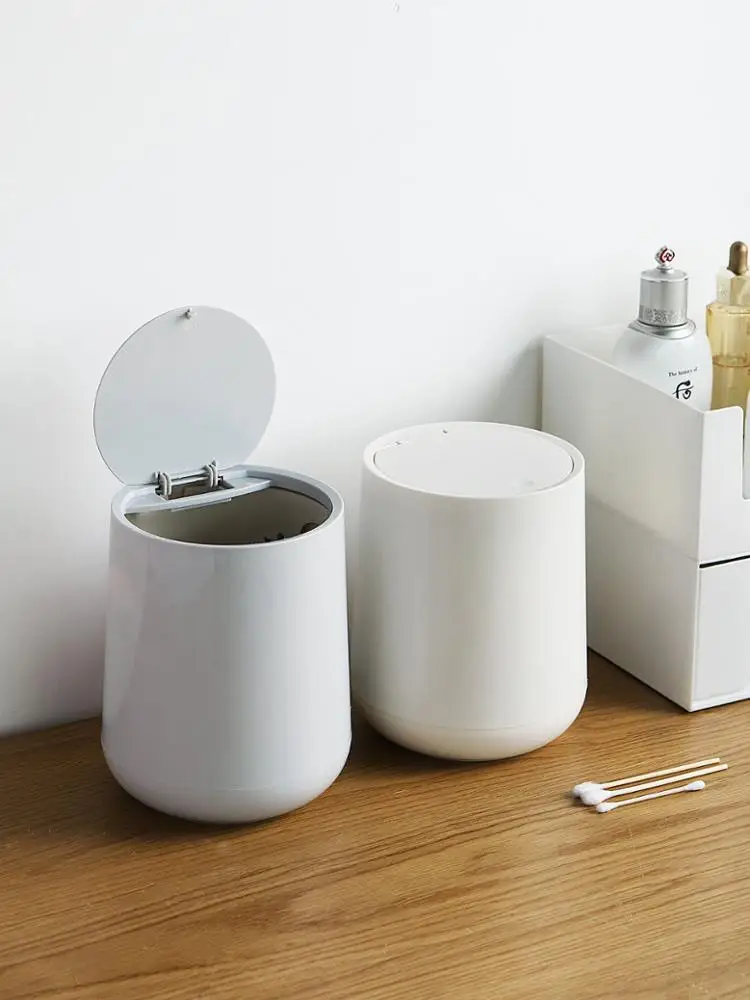 
Mini Cute Trash Can with Lid, Home Desktop Table Waste Bin Bathroom Small Garbage Basket white grey 