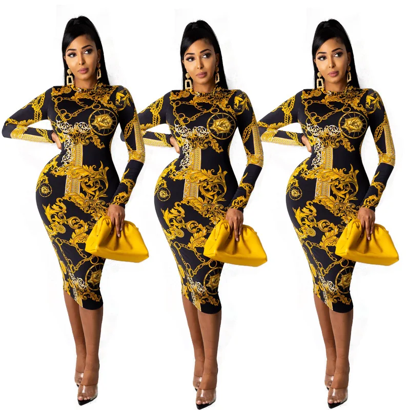 

Autumn Spring Vintage Classy African Print Dress Long Sleeve Elegant Midi Dresses Breathable Yellow Casual Bodycon Dress, Picture color