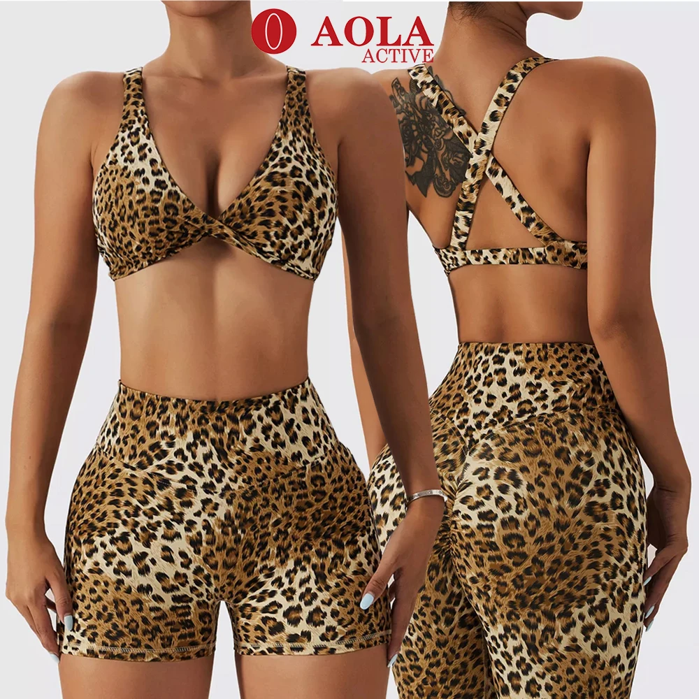 

AOLA Oem Butt Lift Sport Workout High Waisted Athletic Fitness Women Leopard Print Seamless Yoga Shorts Set