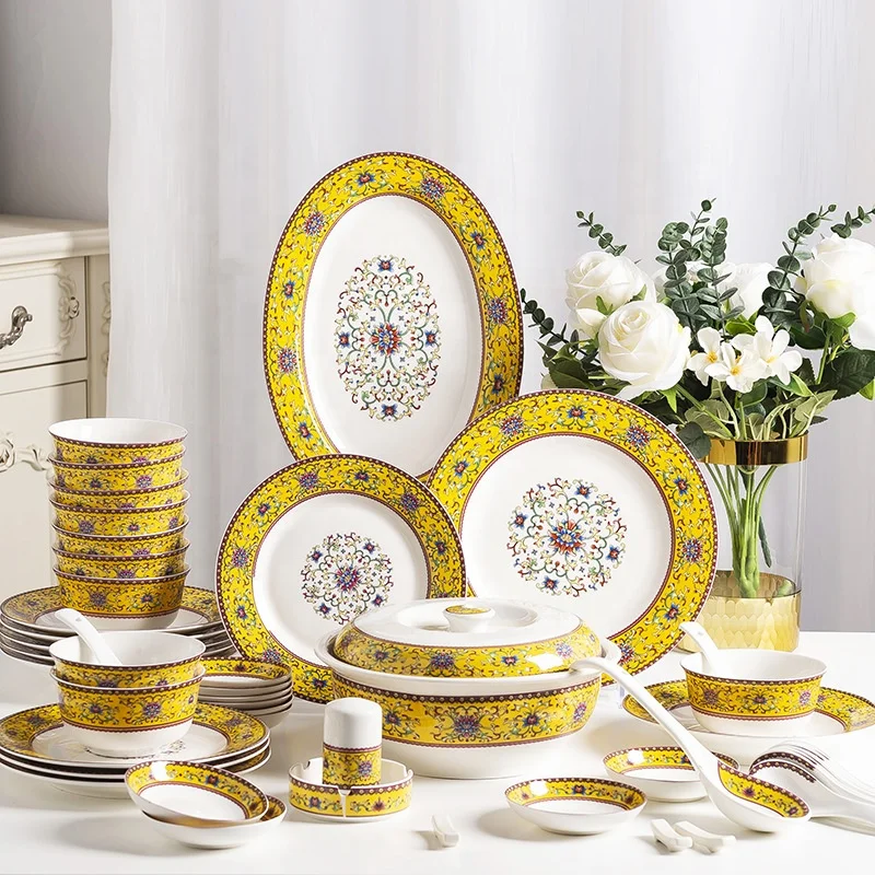 

New 56 Pcs Chinese Traditional Enamel Collectible Porcelain Dinnerware Sets For 10 People