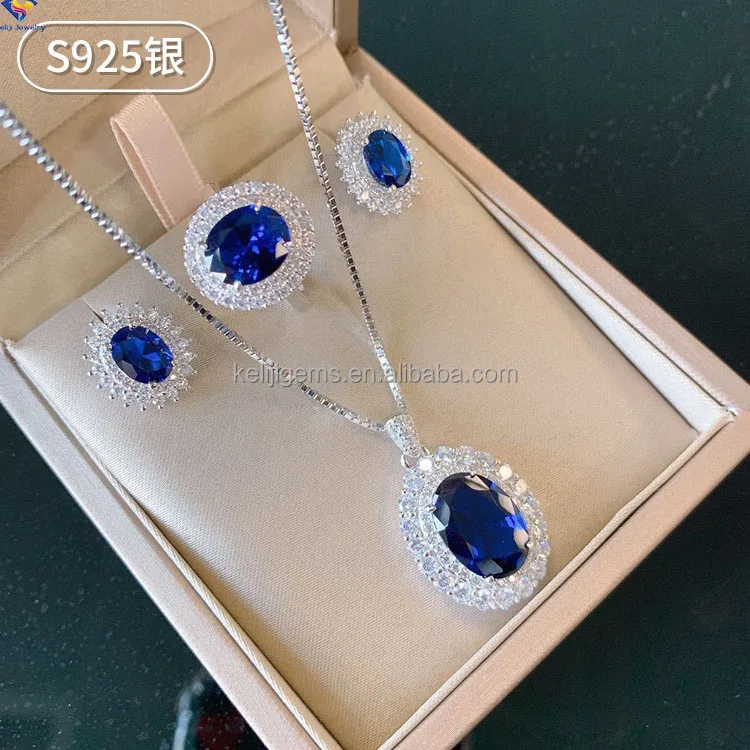 

Luxury 925 Silver Jewelry Set Sapphire Oval Cubic Zirconia Gem Pendant Necklace Sets For Women Or Anniversary Gift