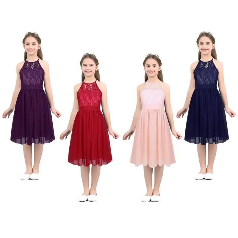 

Kids Girls Lace Chiffon Halter Neck Party Dresses Princess Pageant Wedding Birthday Stage Show Lace Long Dress