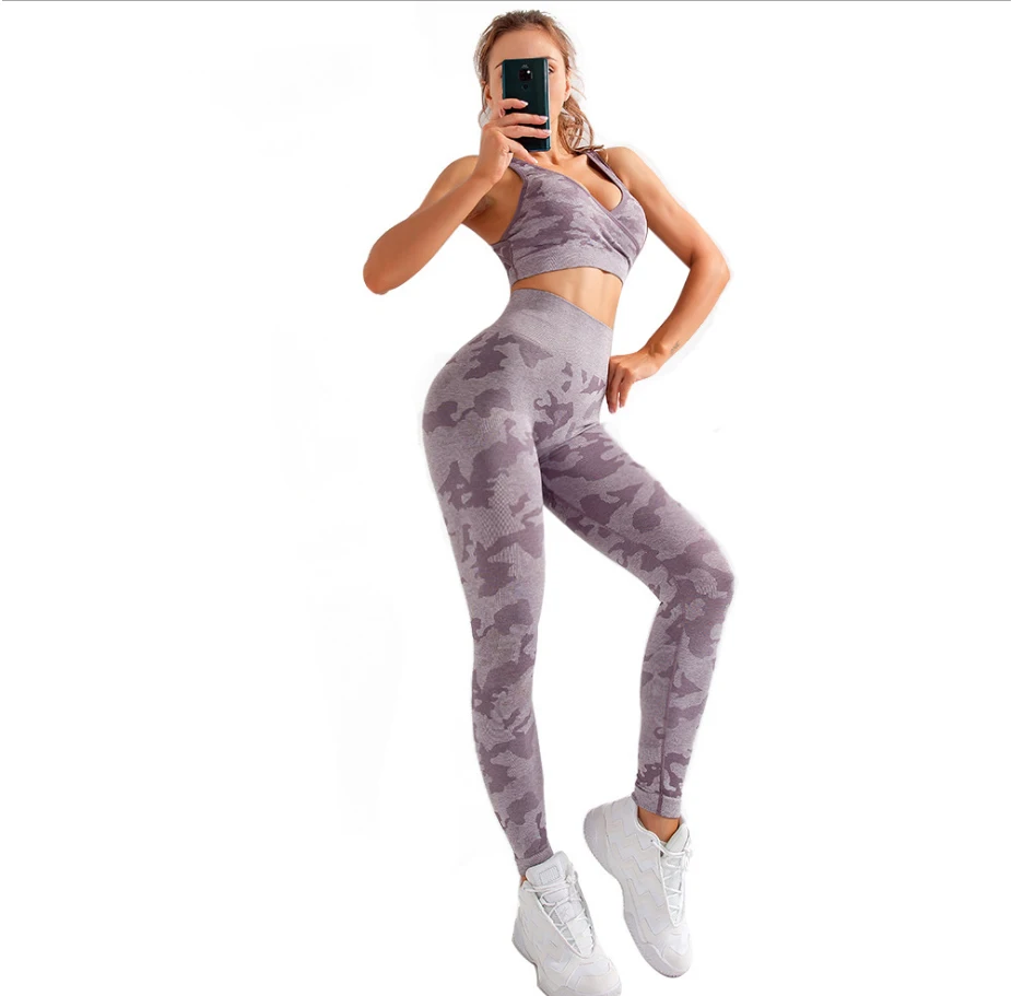 

AOLA Green Panty Grey Camo Printed Pink High Rise Gym Leggings Fitness Wear Yoga Bra Pants Set, Gray/ green/purple