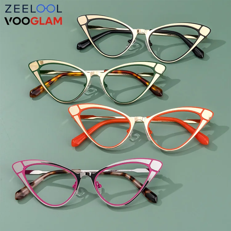 

2022 China Zeelool Vooglam New Arrival Wholesale Stock No MOQ Metal Cateye gold green orange pink black Optical Eyeglasses Frame