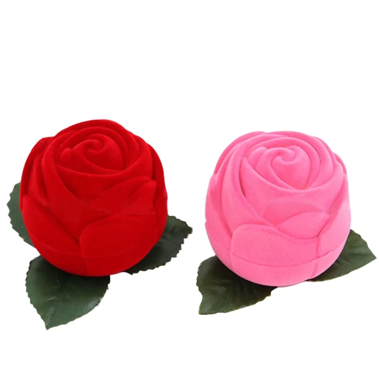 

Factory Flocking Jewelry Box Romantic Rose Shape Wedding Propose Engagement Velvet Ring Box, Red or customized