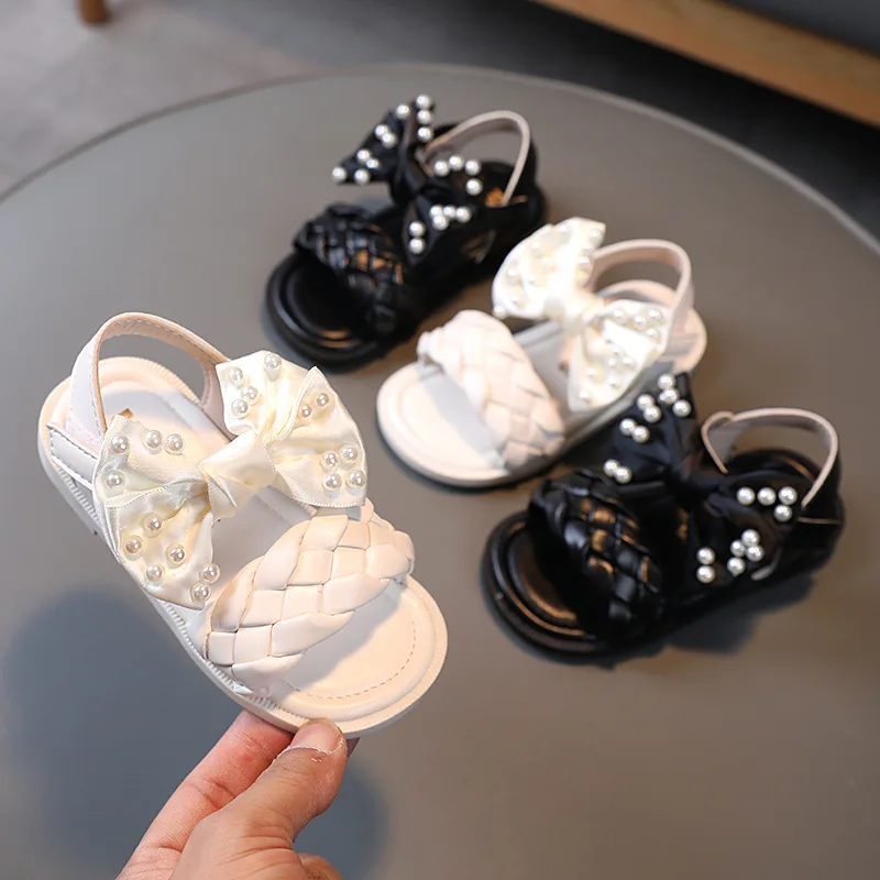 

21-30 Size Summer Fashion Virgin Pearl Bow Sandals Personalized Braided Upper Korean Princess Baby Sandals 2021