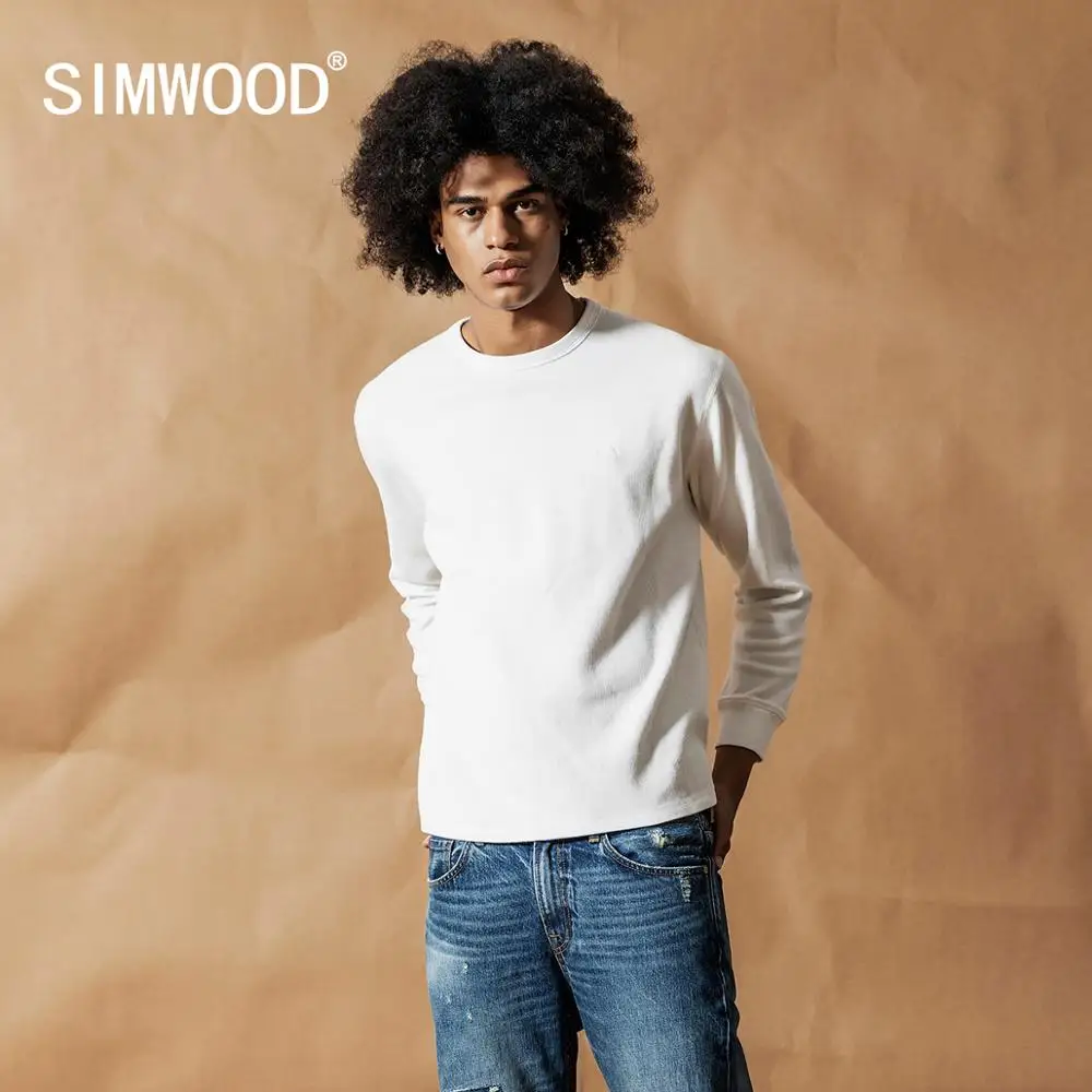 

SIMWOOD 2020 knitted 200 gsm 220 gsm material 100% cotton long sleeve men t shirt high quality tops for men 190272