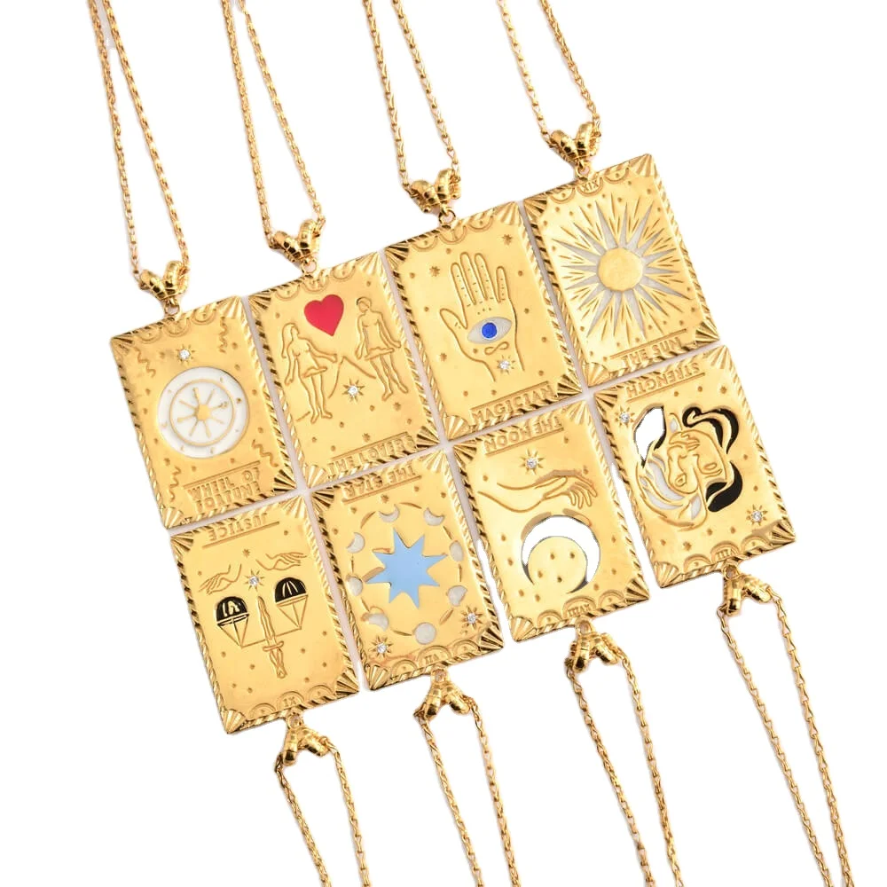 

Vintage Tarot Square Pendant Necklace Titanium Steel Furnace Electroplated Real Gold Collar Chain Sweater Chain