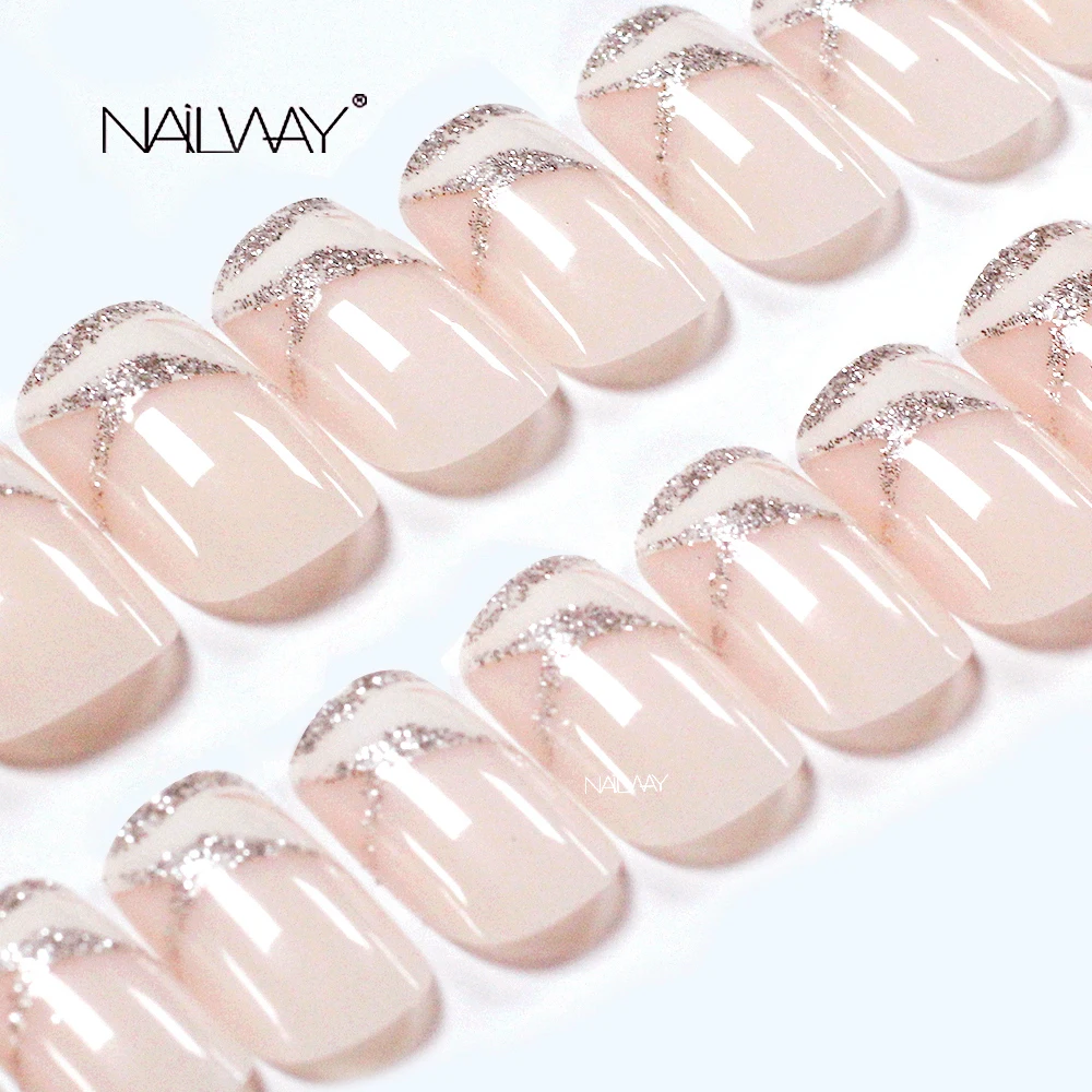 

Shiny Pink French Tip Nails With Glitter Medium Square Shape Fake Hand Nails French Press-on Nails, Light pink