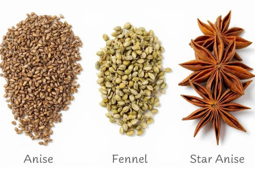 Side-by-side comparison of anise seeds, fennel seeds, and star anise to show visual differences between these commonly confused spices