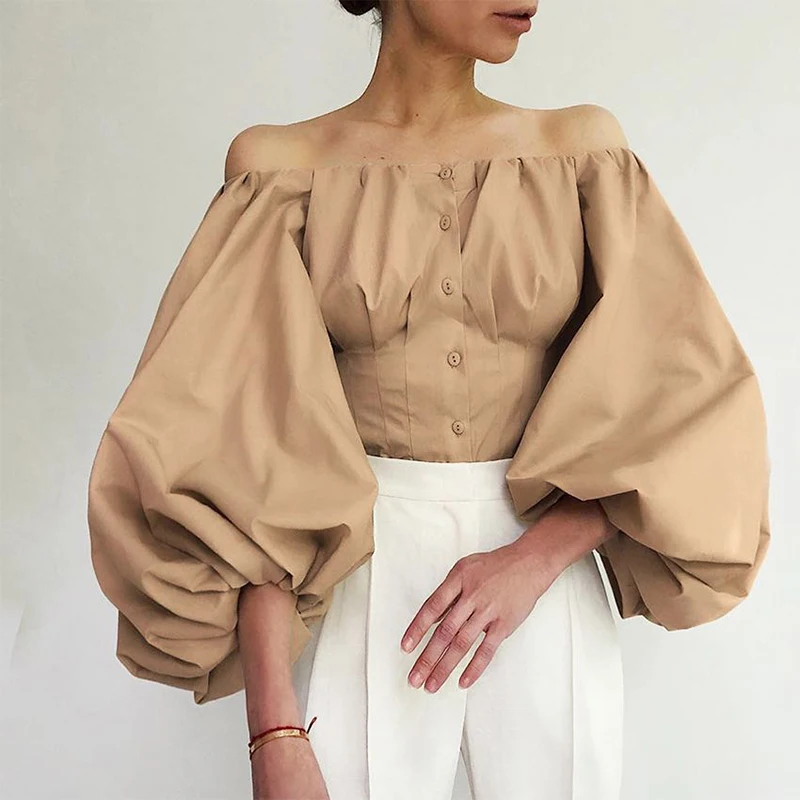 

Sexy Off Shoulder Women Ladies Office Shirt Lantern Sleeve Bustier Blouses And Tops Female Clothing Tube Crop Corset Tops
