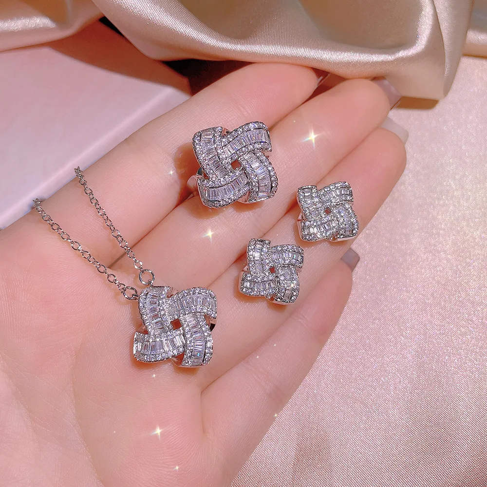 

Wedding Accessories Diamond Necklace Set 3Pcs/Set Women's Micro Pave Zircon CZ Geometric Crystal Ring Earrings Necklace Jewelry