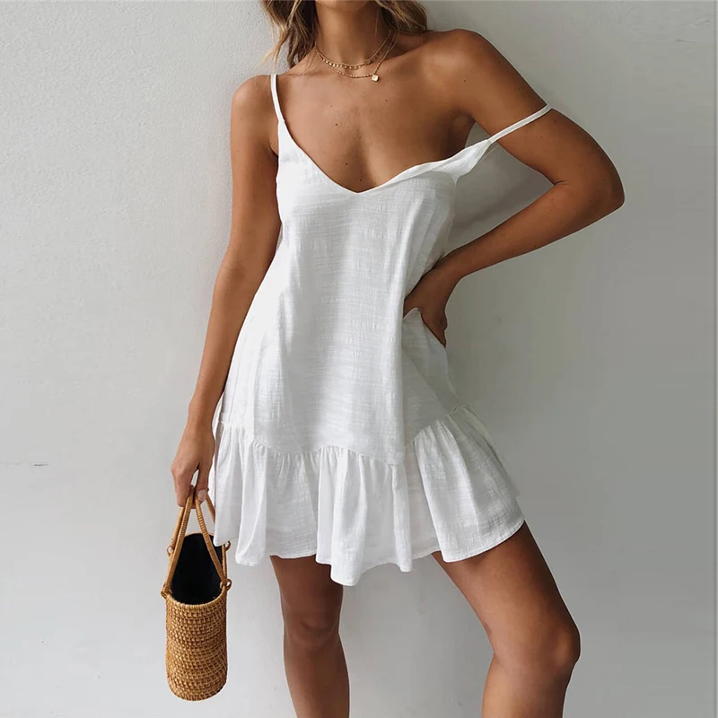 

Casual Summer Beach Dress Women Sexy Cotton Linen Strap Mini Solid A-Line Wrap Sundress, Customized color