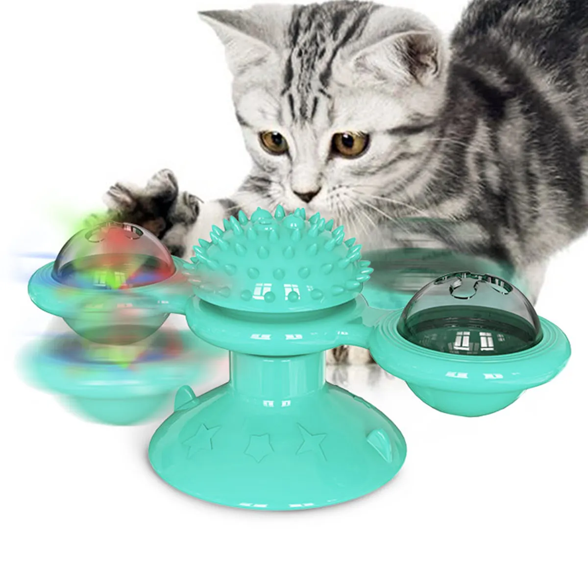 

High Quality TPR Plastic Blue Green Yellow Turntable Windmill Spin Glow Ball Cat Interactive Toy, Lake blue, green, yellow