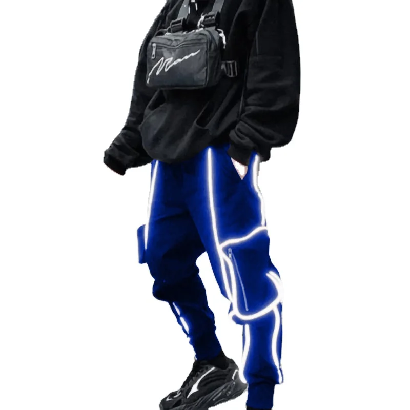 

Hip hop fashion sports pants high quality character reflective trousers multi pockets casual cargo pants, 4 colors