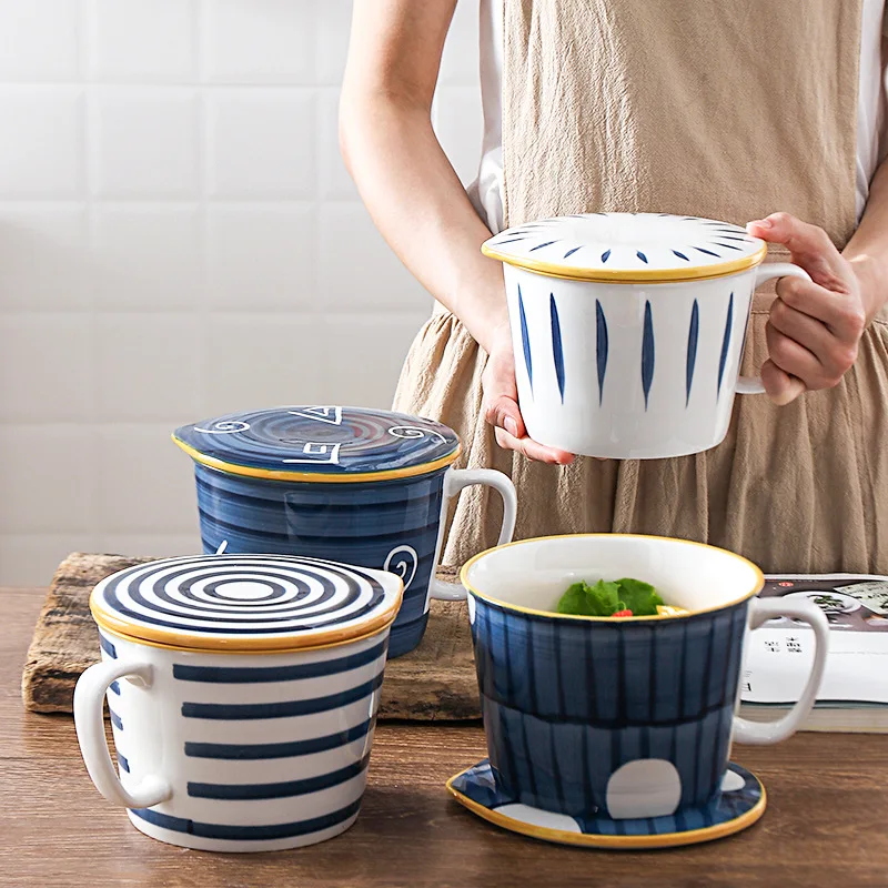 

Standard Porcelain Under Glazed Japanese Style Ceramic Bowl 6 inch Soup Bowl Porcelain Bowl With Handle and Lid