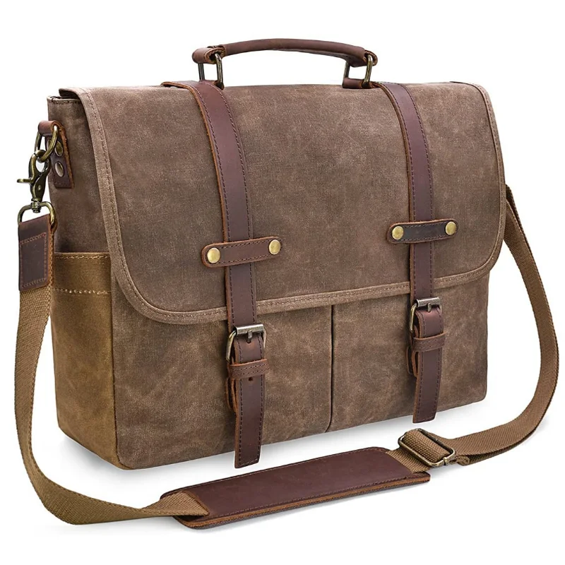 

15.6 Inch Waterproof Vintage Genuine Leather Waxed Canvas Cow Leather Laptop Bag, Customized colour bags diaper travel