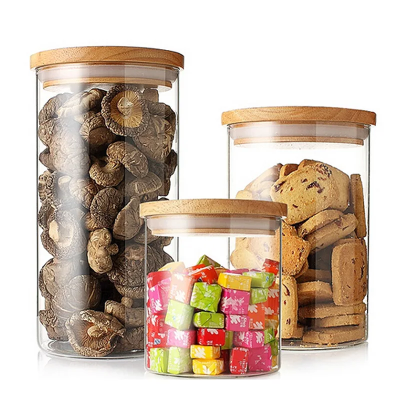 
High Borosilicate Airtight Food Cookie Glass Jar Container Small Glass Spicy Jar With Wooden Lid 