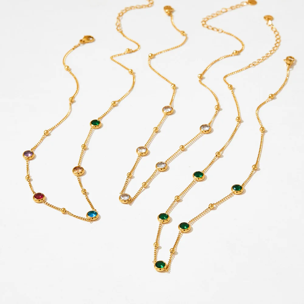 

Colorful Zircon Charm Choker Gold Plated Stainless Steel Chain Necklace