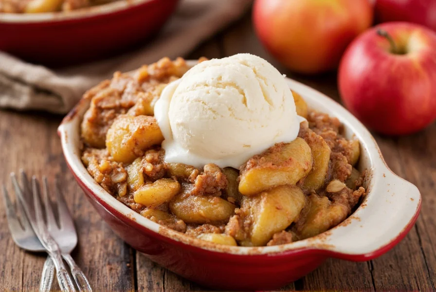 Baked apples with cinnamon and oatmeal served in ceramic dish with vanilla ice cream melting on top