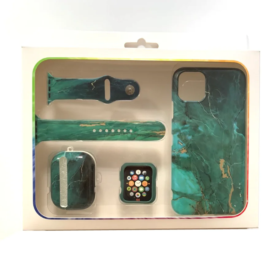 

Fashion 4 in 1 Sets Gift Box Packing Marble Design Soft tpu watch band face case+phone case+earphone case for iwatch bands