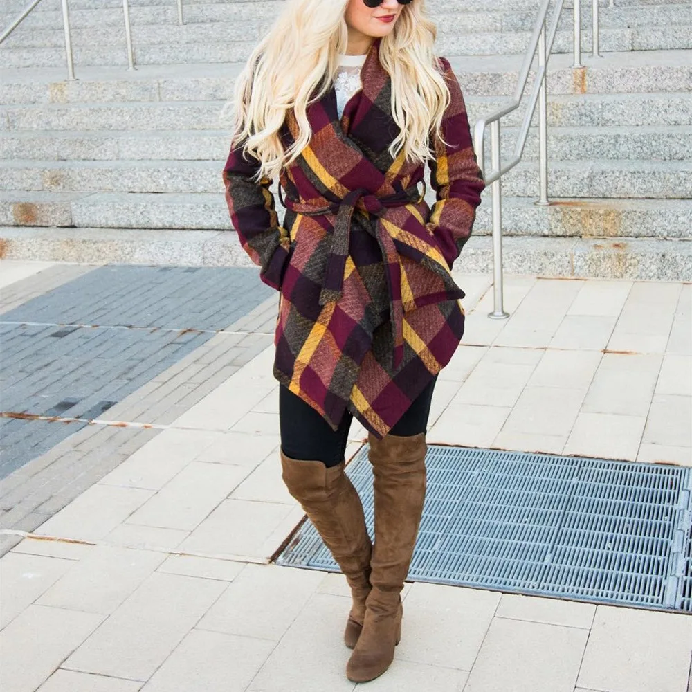 

2021 new Plaid Woolen Coat Belt Long Sheep Coat Women