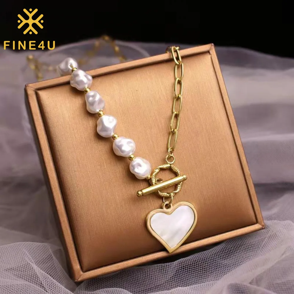 

Fashionable stainless steel stitching women pearl jewelry 18k gold plated heart pendant necklace