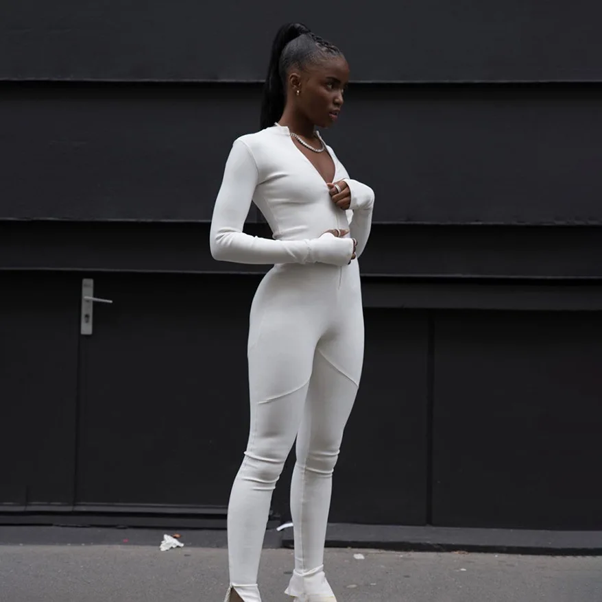 

Black White Sexy Bodycon Tracksuit Jumpsuit Women 2020 New Fitness Romper Long Sleeve Zipper Elastic Bodysuit Body Mujer Y12664