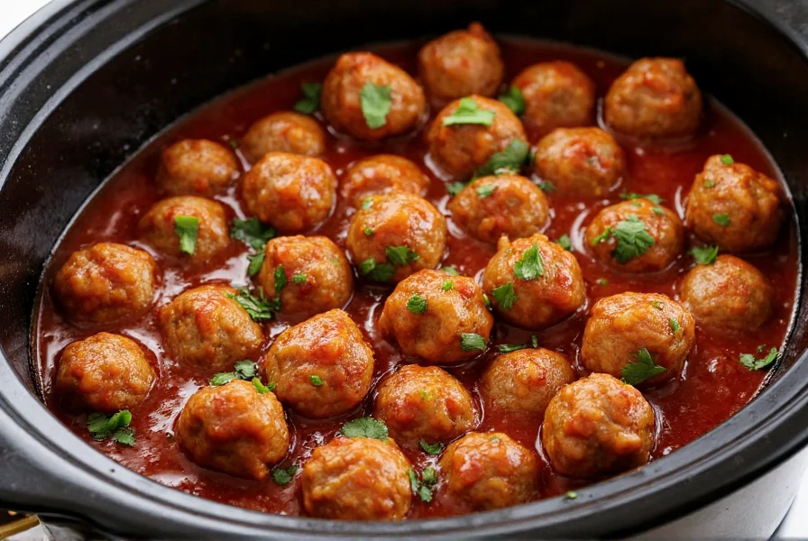 Bubbling crockpot filled with glossy meatballs coated in sweet grape jelly chili sauce, garnished with fresh parsley