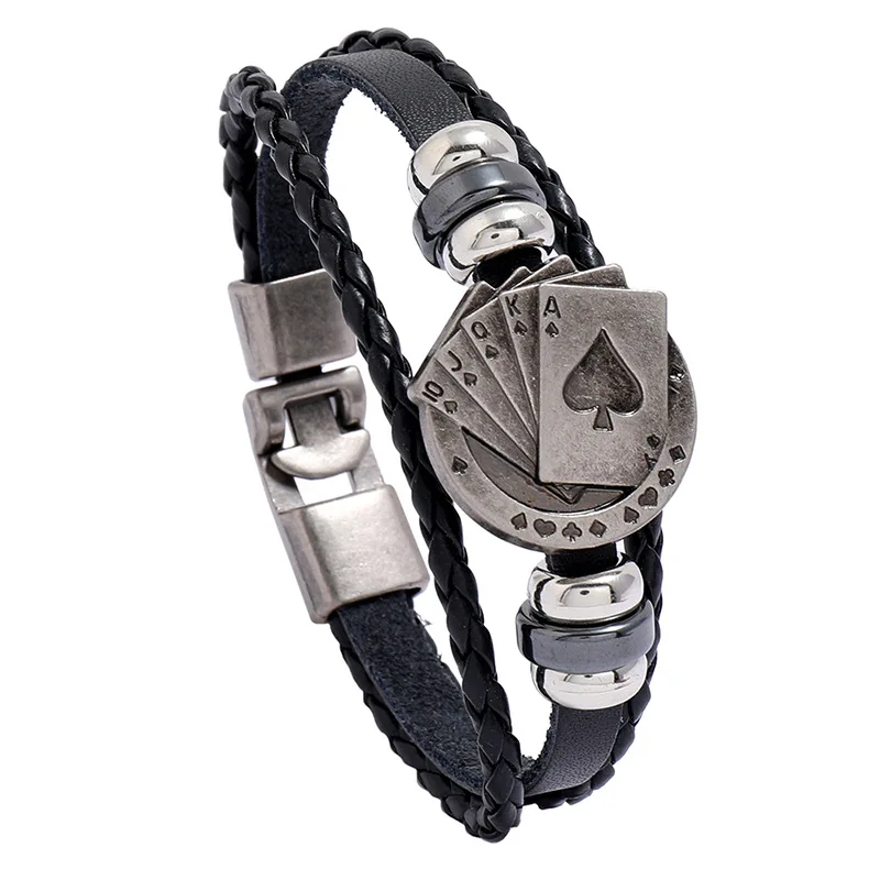 

European and American Style Three-layer Woven Playing Card Accessories Leather Bracelet Retro Mens Beaded Leather Bracelet, Picture shows