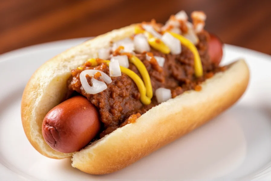 Chicago-style hot dog with mustard, onions, and neon relish on steamed bun