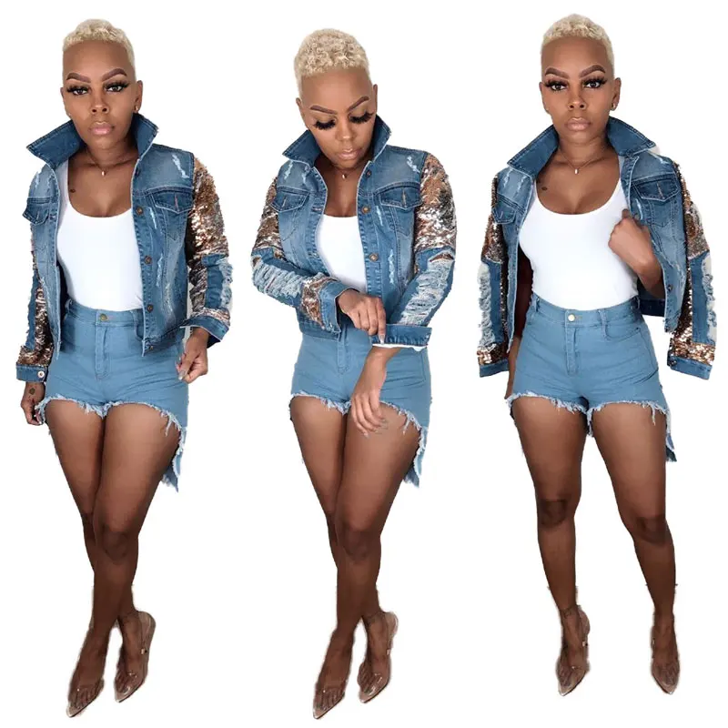 

91012-MX24 stylish ripped sequined denim plus size jackets women