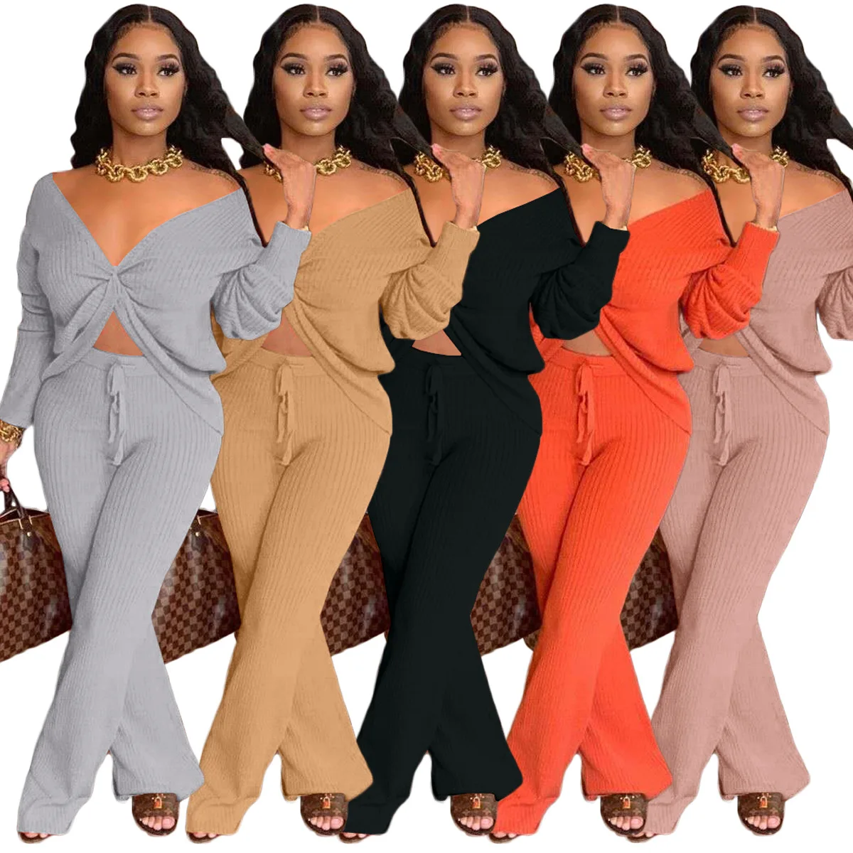 

New Sets Womens Clothing Two Piece Fashion Autumn Long Sleeve Top Drawstring Flare Pants Ladies 2 Piece Outfit Women Pants Set